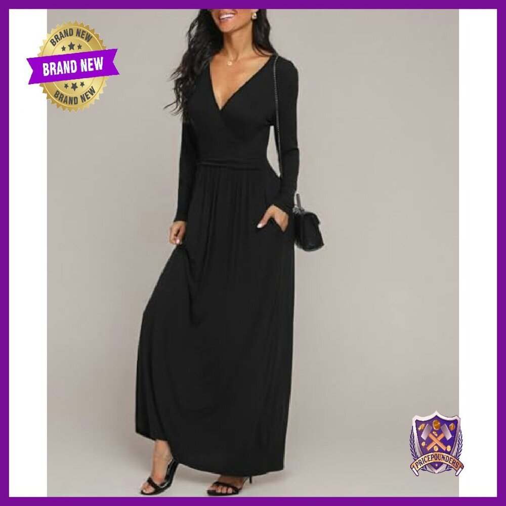 Long Sleeve V-Neck Maxi Dress with Side Pockets - Soft Rayon Blend - Picture 6 of 8